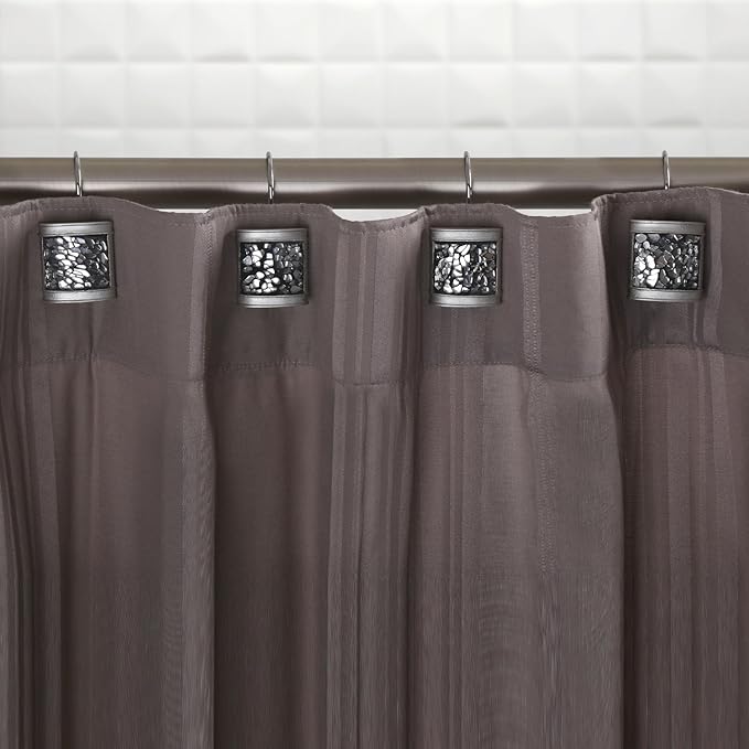 Crackled Glass Silver Shower Curtain Hooks Decorative - Set of 12 Shower Curtain Rings for Bathroom Shower Rod - Elegant Crackled Glass Shower Curtain Hooks