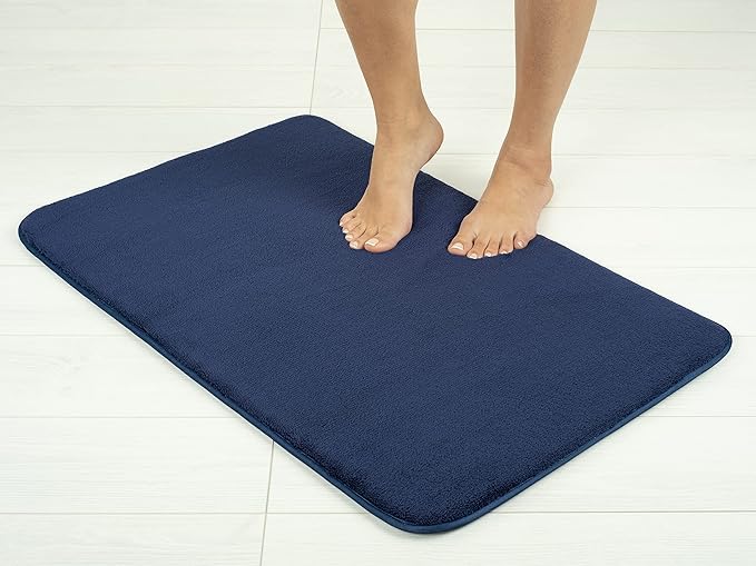 American Soft Linen 21x32 Fluffy Foamed Slip Reducer Bath Rug, Machine Washable Area Bath Mat Rugs for Bathroom, Navy Blue