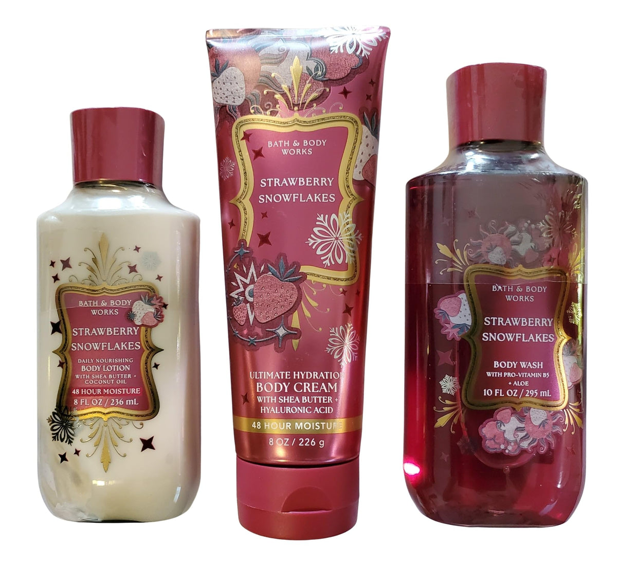 Bath & Body Works Women's Strawberry Snowflakes Body Gel Wash, Lotion and Ultimate Hydration Cream 3 Piece Set