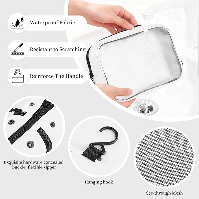 Toncoke Travel Toiletry Bag Set, Hanging Toiletry Bag Premium Faux Leather, Toiletry Bag for Women & Men, Travel Essentials Makeup Bag Water-resistant, White