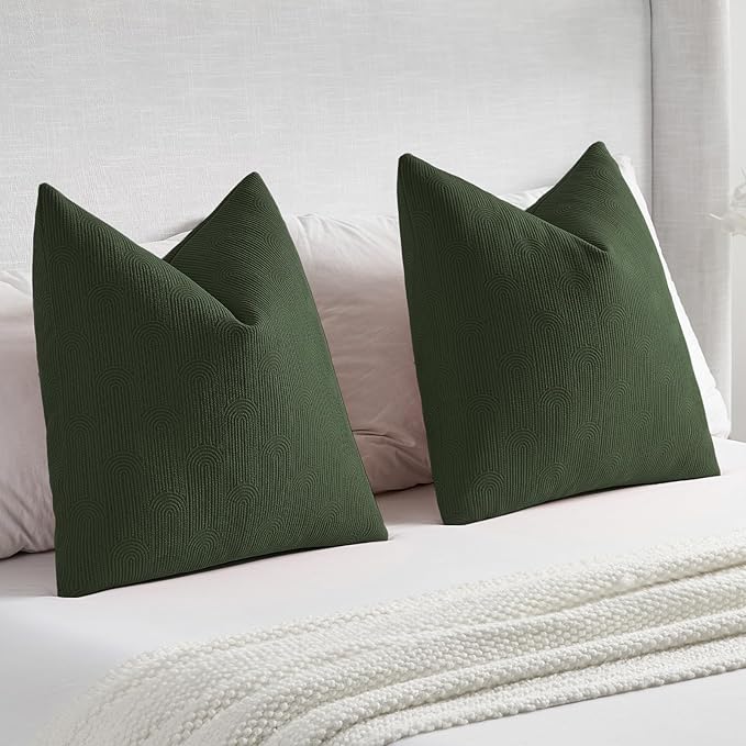 FUTEI Christmas Dark Green Chenille Decorative Throw Pillow Covers 16x16 Inch Set of 2,Soft Cozy Striped Geometric Patterns Cushion Cases,Modern Home Decor for Couch Bed Living Room