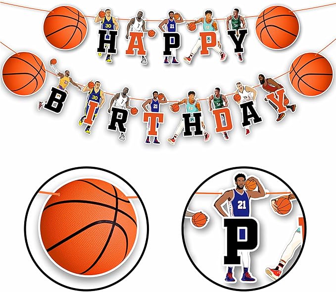 "Basketball Happy Birthday Banner – Sports Themed Party Decorations for Adults – Slam Dunk Basketball Birthday Party Supplies – Backdrop for Dessert Table, Cake Smash, High Chair, and Team Celebrations"