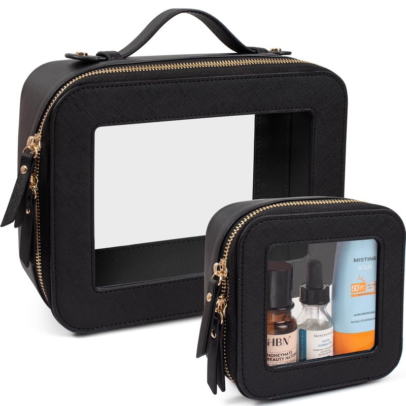 LETGO 2 Pack Clear Travel Toiletry Bag for Women,Large & Mini Waterproof PU TSA Approved Cosmetic Pouches,Portable Beach Vacation Makeup Organizer Set,See Through Skincare Sunscreen Bags for Women