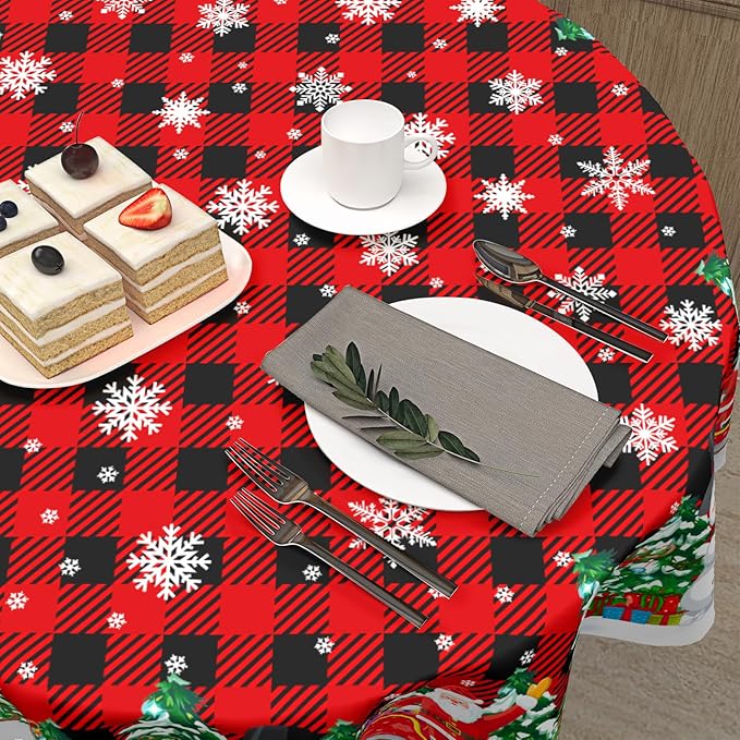 Christmas Round Tablecloth 70 Inch Xmas Snowman and Snowflake Pattern Circle Table Cloth Red Plaid Table Cover Winter Washable Polyester Decor for Home Kitchen Dinning Party