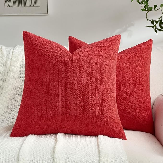 FUTEI Christmas Red Chenille Throw Pillow Covers 26x26 Inch Set of 2,Soft Striped & Diamond Textured Euro Pillow Shams,Modern Home Decor for Couch Living Room