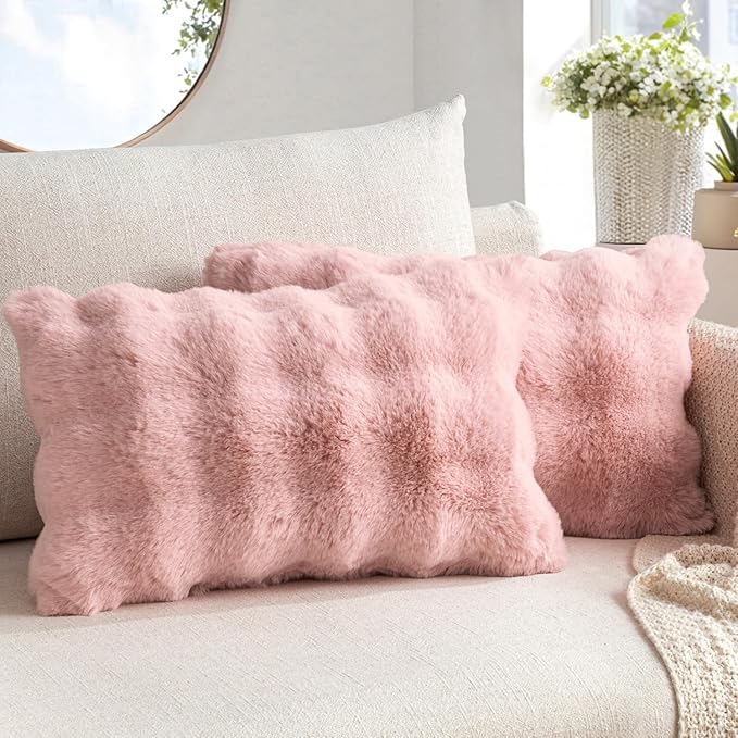 MIULEE Faux Fur Pillow Covers Thick Soft Plush Lumbar Throw Pillows Luxury Home Decor for Couch Bed Bedroom Living Room Sofa,12x20 Inch Pack of 2 Light Pink