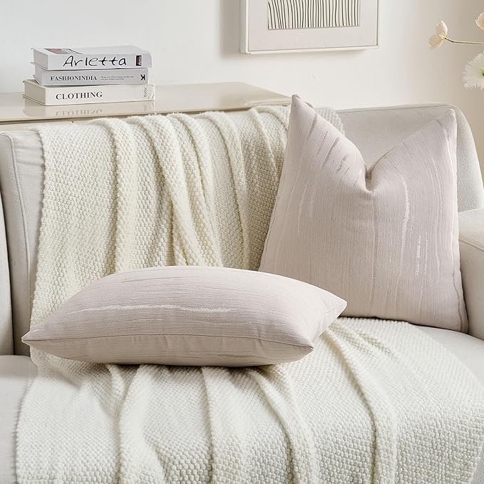 FUTEI Beige Chenille Decorative Throw Pillow Covers 24x24 Inch Set of 2,Soft Embossed Striped Textured European Cushion Case,Modern Home Decor for Couch Bed Living Room