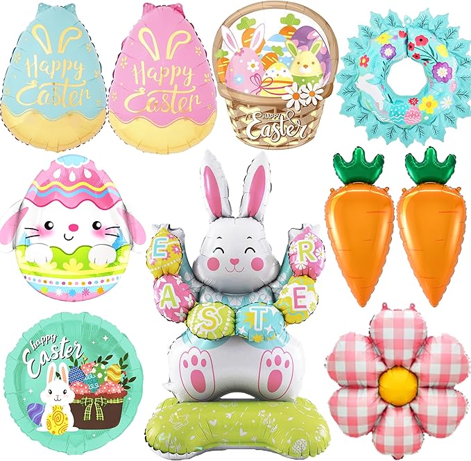 PageebO Easter Party Decorations,10pcs Standing Bunny Carrot Flower Basket Egg Pastel Garland Foil Balloons for outdoor Easter Decorations Baby Shower Fairy Birthday Decor Happy Easter Party Favors