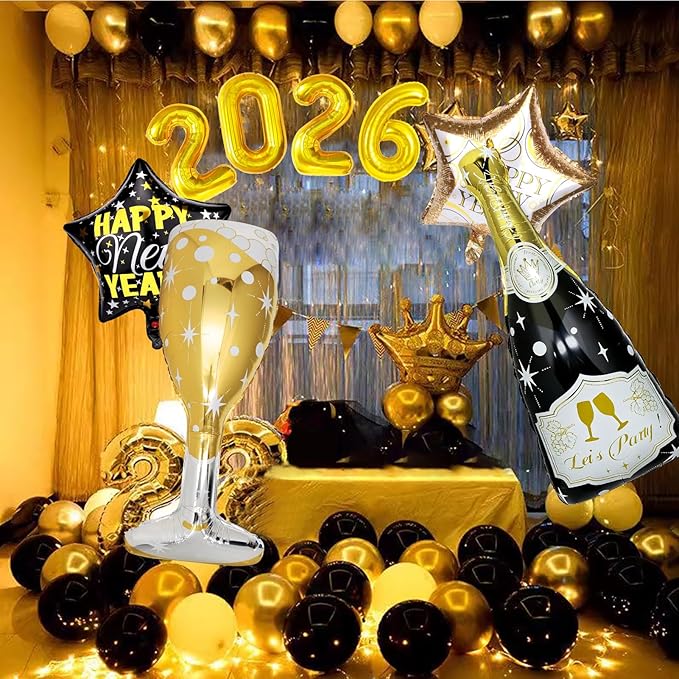 106 Pcs Gold Happy New Year Balloons, Huge Black Gold Champagne Bottle Goblet Aluminum Foil Balloons for New Years Eve Party Decorations Supplies Nye Decorations 2026
