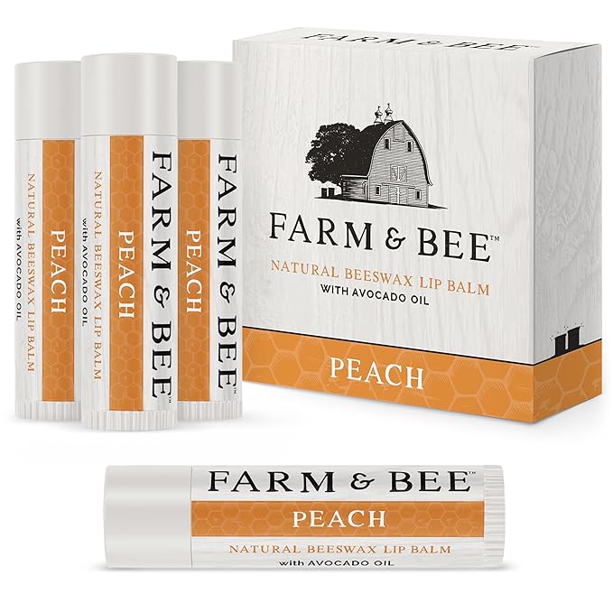 Natural Lip Balm - Organic & Natural Ingredients - Beeswax Based Moisturizing Lip Care Chapstick for Chapped Lips - Great Gift Idea - Farm & Bee - 0.15oz (Pack of 4 - Peach)