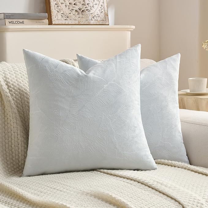 FUTEI Light Blue Velvet Throw Pillow Covers 20x20 Inch Set of 2,Soft Embossed Leaf-Relief Textured Cushion Cases,Natural Home Decor for Couch Living Room