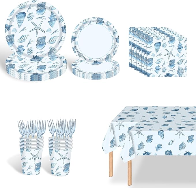 Ocean Seashell Party Plates Supplies, Coastal Beach Party Tableware Decorations Starfish Coral Disposable Paper Plates Tablecloth Cups Napkins Forks for Kids Summer Birthday Baby Shower, Serves 24