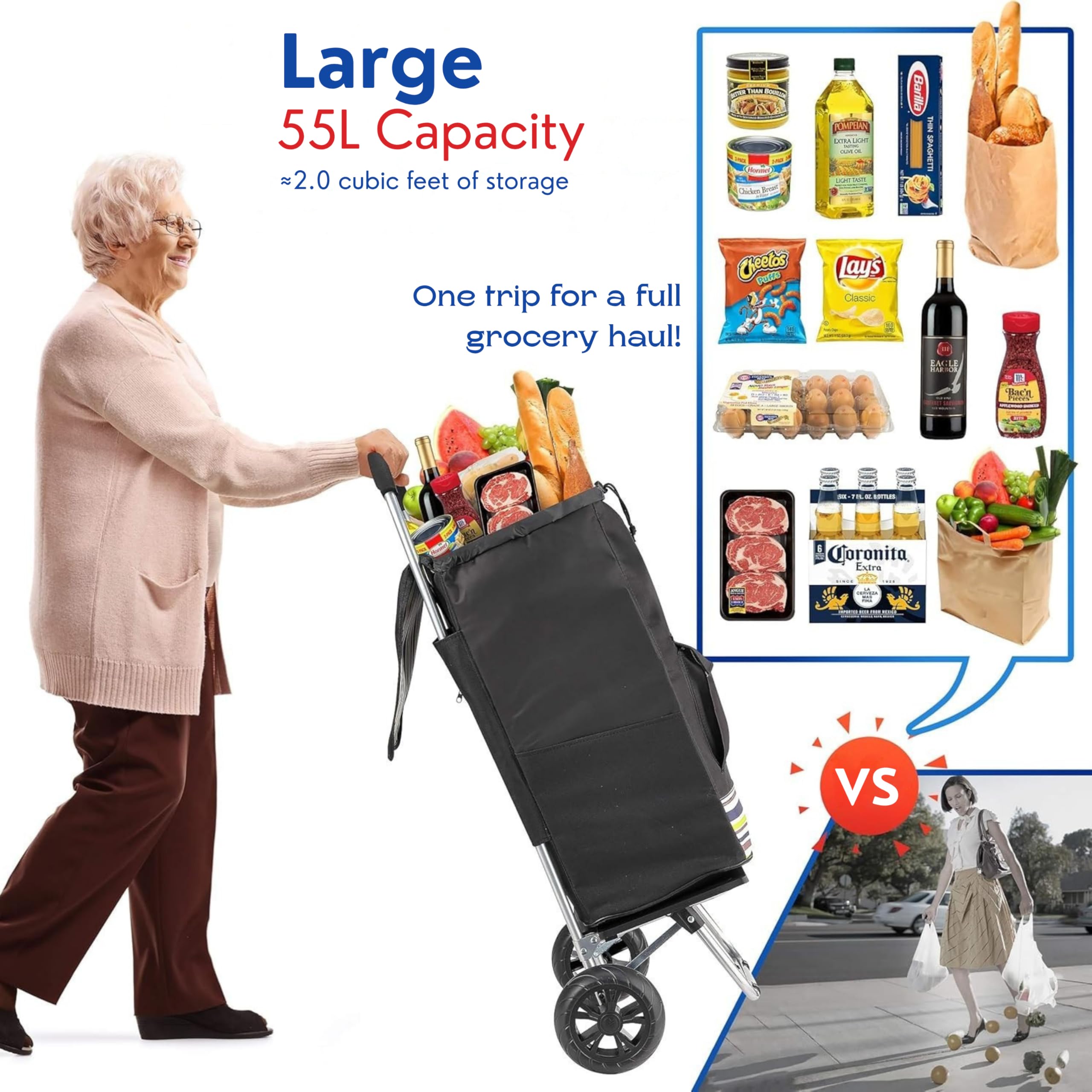 Shopping Cart, Super Loading Grocery Trolley, 220 lbs Capacity, Foldable Cart with Extra Large Black Shopping Bag Portable Grocery Utility Cart With Adjustable Bungee Cord