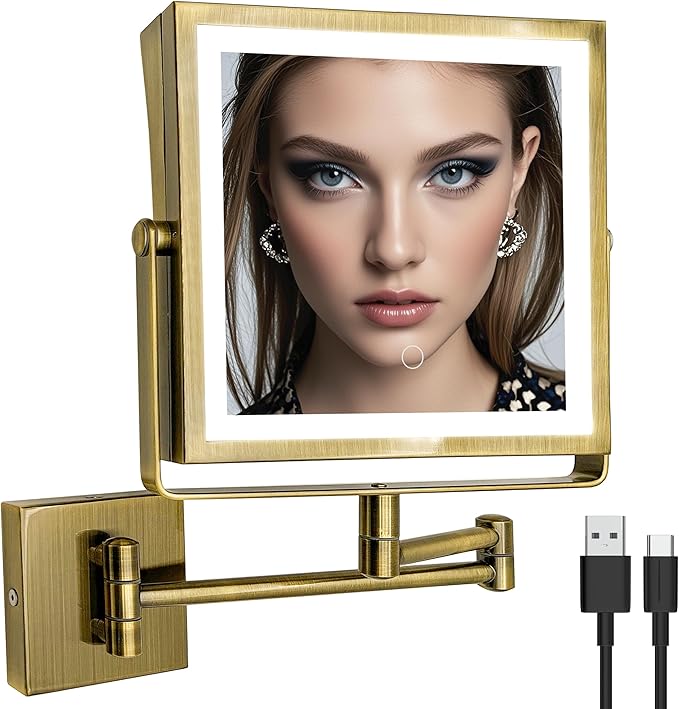 Ruacq Rechargeable Wall Mounted Makeup Mirror with Lights, Double Sided 1X/10X Magnifying Vanity Mirror with 3 Color Lights, Touch Screen Dimmable, 360° Rotation Extension Foldable Arm(Antique Brass)
