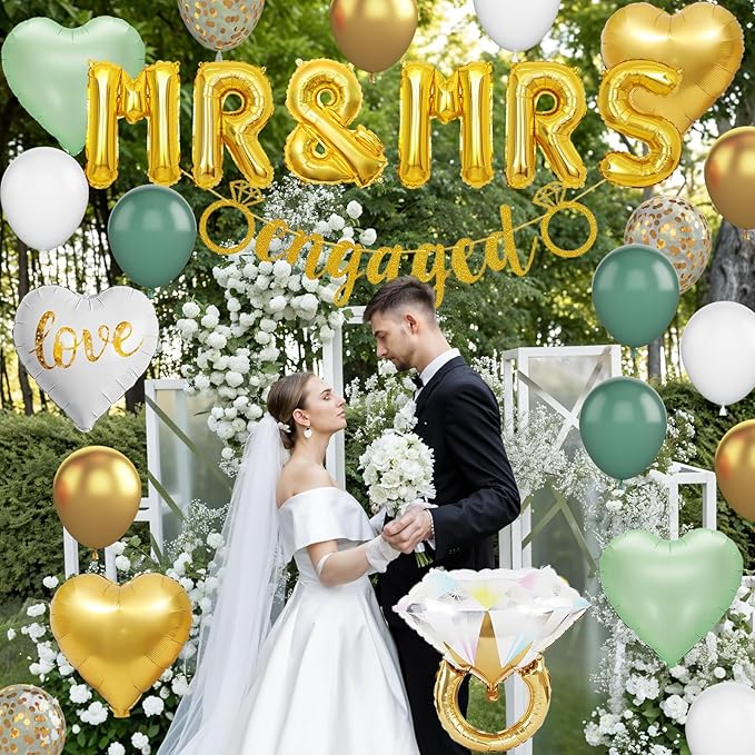 Sage Green Engagement Party Decorations, MR and MRS Balloons, Metallic Gold White Confetti Balloon, Love Heart and Diamond Ring Foil Balloon with Engaged Banner for Wedding Engagement Party Decoration
