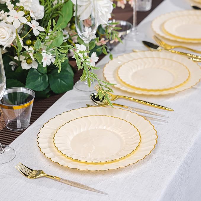 Lullaby 60PCS Light Yellow Scalloped Plastic Plates, Disposable Elegant Plates Include 30pcs Dinner Plate 10.25", 30pcs Plastic Dessert Plate 7.5", Perfect for Wedding and Party