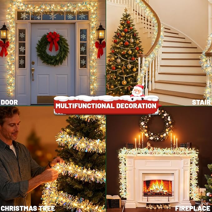 LAWOHO 2 Pack 6.5FT Christmas Tinsel Garland with Lights, Shiny Iridescent Foil Garland for Valentines Day, Christmas Tree, Wedding Birthday Party, New Year Holiday, Indoor Outdoor Hanging Home Decor