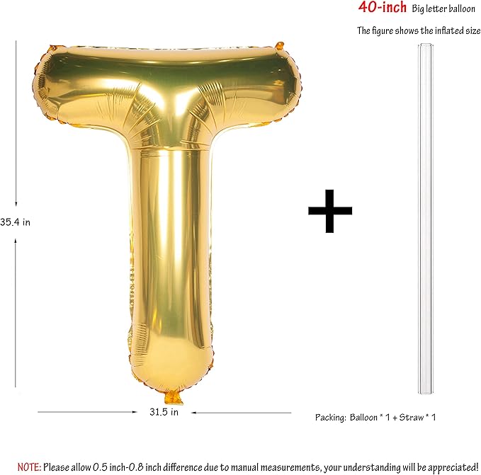 Letter Balloons 40 Inch Giant Jumbo Helium Foil Mylar for Party Decorations Gold T