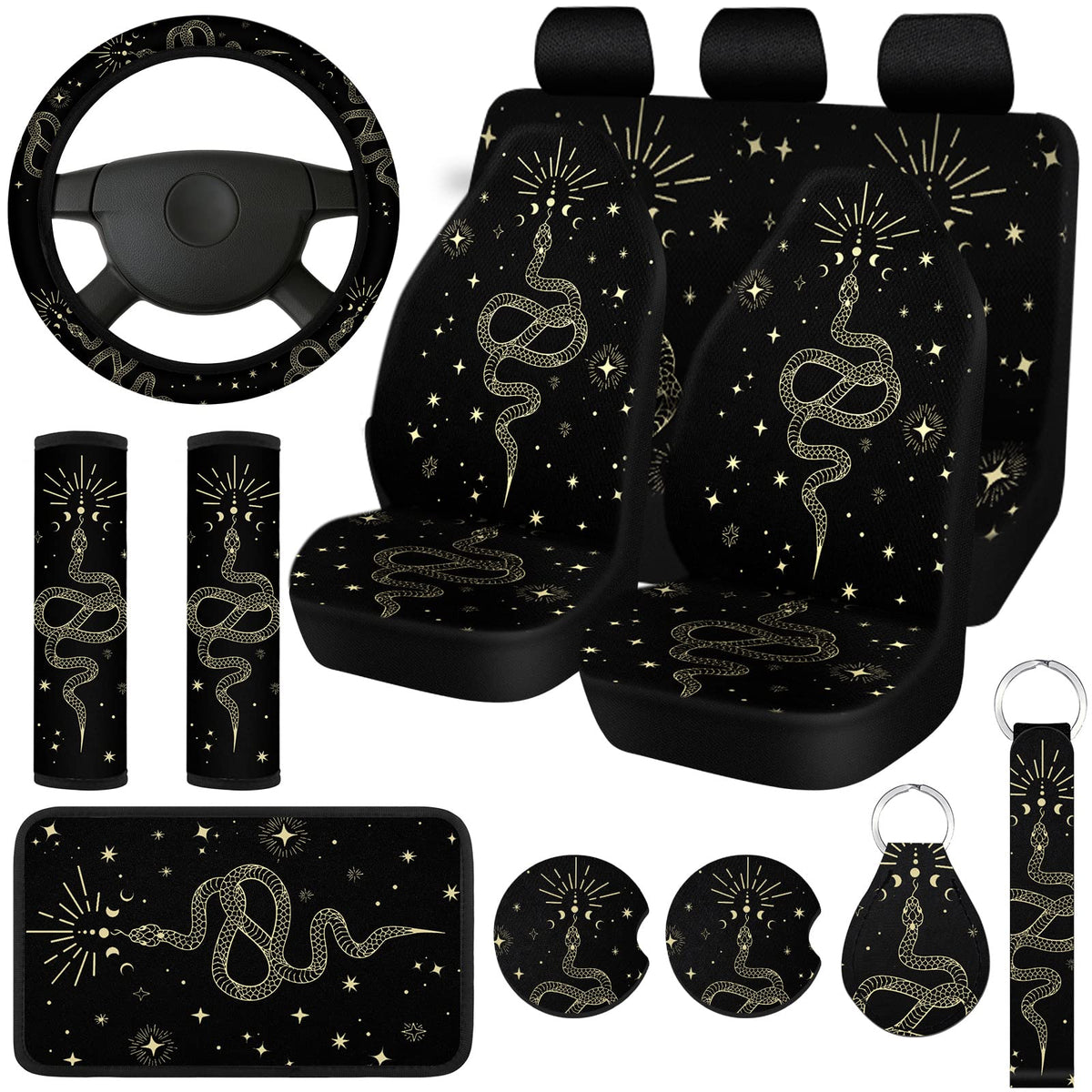 Riakrum 15 Pcs Boho Celestial Snake Seat Covers Full Set Thick Car Front And Back Steering Wheel Cover Seatbelt Strap Armrest Pa