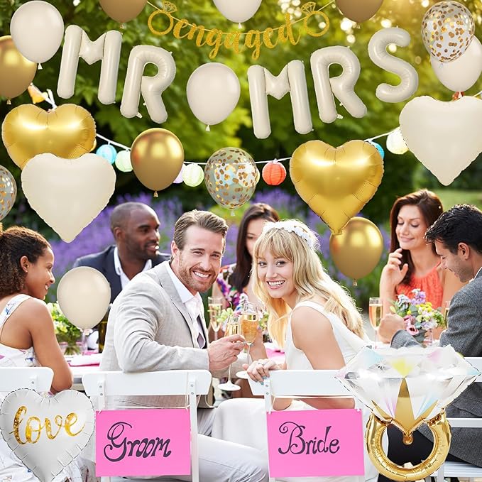 Sand White Engagement Party Decorations, MR and MRS Balloons Decor, White Gold Confetti Balloons, Love Heart and Diamond Ring Foil Balloon with Engaged Banner for Wedding Engagement Party Decoration