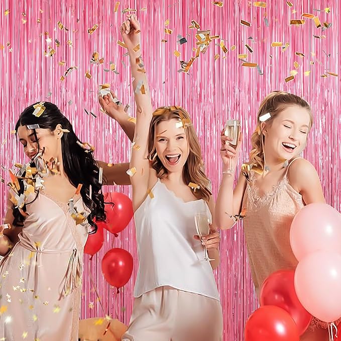 Pink Metallic Tinsel Foil Fringe Curtains, 2 Pack 3.3x8.3 Feet Party Streamer for Birthday Party Decorations, Halloween Decor, Foil Curtain Backdrop for Bachelorette Party