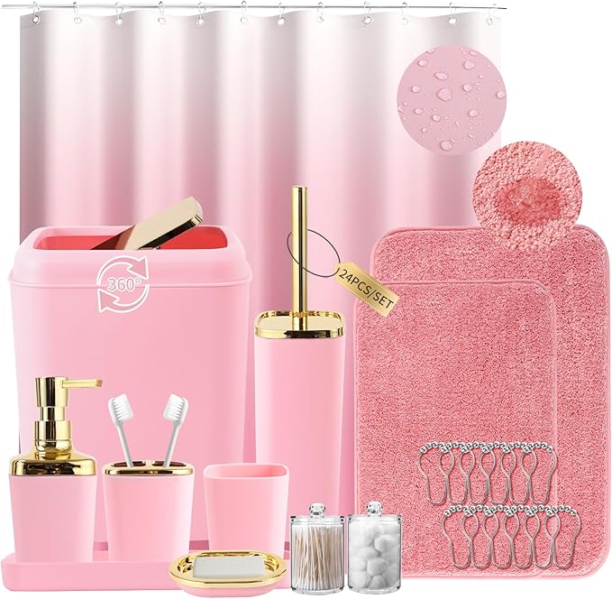 Bathroom Set - Pink Bathroom Sets with Shower Curtain and Rugs, 24PCS Shower Curtain Set with Hooks, Soap Dispenser, Soap Dish, Toilet Brush Holder and Trash Can for Housewarming