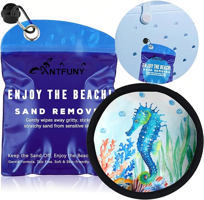 Sand Remover for Beach Cleaner Eraser Family Women Wipe Off Mitt Duster Brush Cup Holder Game Toy Cruise Ship Accessories Vacation Must Have Hawaii Trip Essential Honeymoon Gift Sea Horse Towel