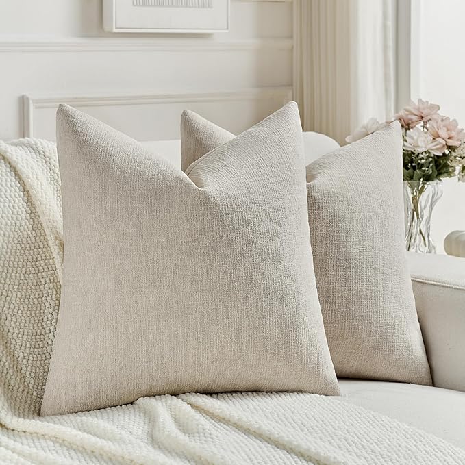 FUTEI Beige Chenille Decorative Throw Pillow Covers 16x16 Inch Set of 2,Soft Cozy Faux Linen Textured Cushion Case,Farmhouse Home Decor for Couch Living Room