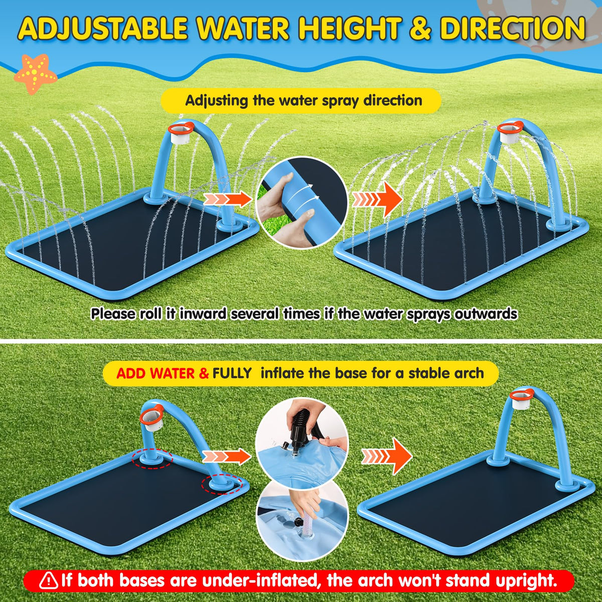 Instraella Splash Pad, 110x91'' 2-in-1 Large Sprinkler Mat with Basketball Hoop and Arch for Kids Outdoor Play, Shoot Game for Backyard, Inflatable Water OutdoorToys More Fun for Boys and Girls