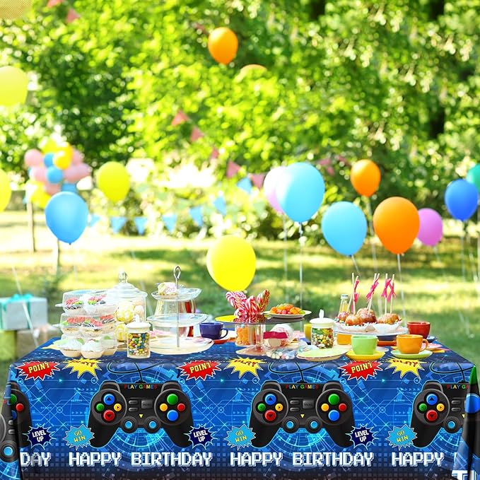 Gamer Birthady Party Decorations Tablecloth,3pcs Blue Video Game Table Cover Gaming Birthday Plastic Tablecloth for Boys Birthday Game Theme Party