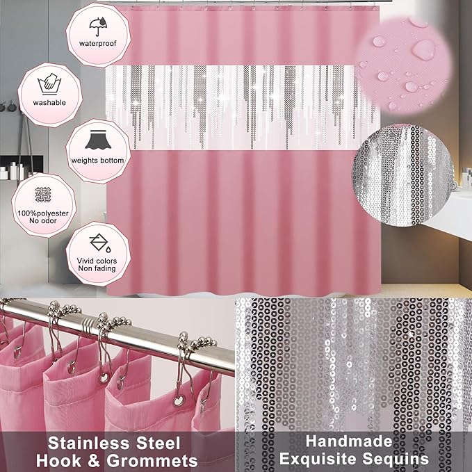 Pink Bathroom Accessories Set with Glitter Shower Curtain and Rugs,Bathroom Sets with Extra Soft and Absorbent Bath Rugs Sequin Shower Curtain Pink Bathroom Sets for Bath Decor