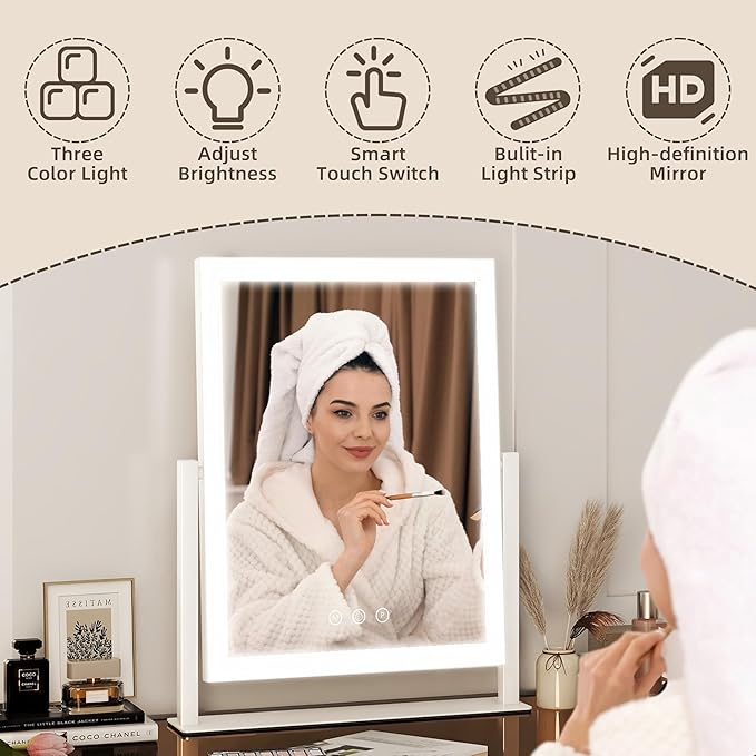 FENNIO Vanity Mirror with Lights - 17"x13" Lighted Makeup Mirror, Makeup Mirror with Lights, Touch Screen with 3-Color Lighting, Dimmable,Desk Mirror with Light for Vanity Tabletop
