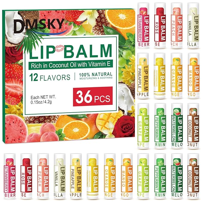 DMSKY 36 Pack Lip Balm, Natural Lip Balm Bulk with Vitamin E and Coconut Oil, Moisturizing Lip Care Product for Dry Cracked Lips- 12 Flavors