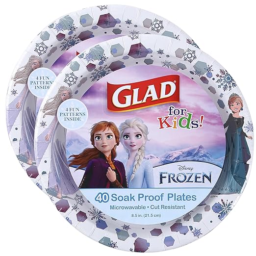 Glad for Kids Disney Frozen Disposable Paper Plates, Anna and Elsa - Heavy Duty, Soak Proof, Microwavable, Kid-Friendly Snack Plates for Everyday Use, 8.5 Inch, 40 Count - 2 Pack