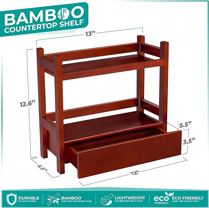 Sorbus Bamboo Bathroom Counter Organizer – 2-Tier Shelf with Hidden Drawer for Vanity, Matcha Station, Bathroom Sink Organizer Countertop, Kitchen & Office Storage (13″ L x 6.5″ W x 12.6″ H) (Brown)