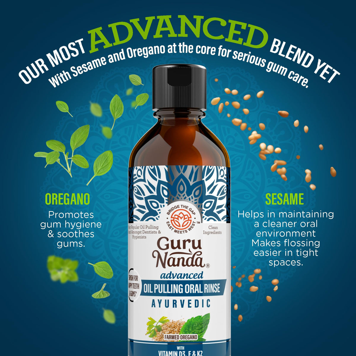 GuruNanda Advanced Oil Pulling Mouthwash for Enhanced Oral Care with Sesame & Oregano Oil, Promotes Deep Cleaning for Healthy Teeth & Gums, with Toothbrushes & Tongue Scrapers, Alcohol-Free, 3X8 Oz