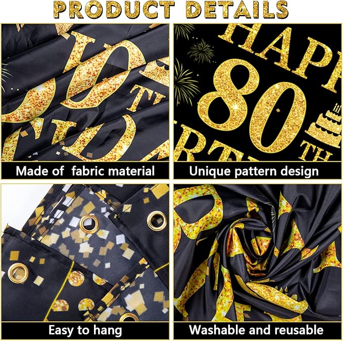 80th Birthday Decorations for Men Women - Happy 80th Birthday Banners Decorations Black Gold 80 Years Birthday Party Favor Backdrop for 80th Birthday Party Sign Decor (71 x 45 inch)