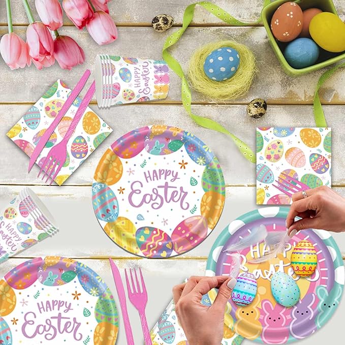 52 Pcs Easter Party Supplies Easter Party Decoration with Happy Easter Banner Bunny Dinnerware Tablecloth Disposable Paper Plates Napkins Colorful Eggs Cups Easter Spring Holiday Party Decoration