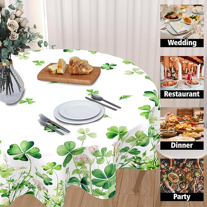 St Patricks Day Tablecloth Round 70 Inch Green Shamrock Table Cloth Farmhouse St Patrick's Day Table Cover for Kitchen Dinner Room Holiday Party Indoor Outdoor Home St Patricks Day Decor