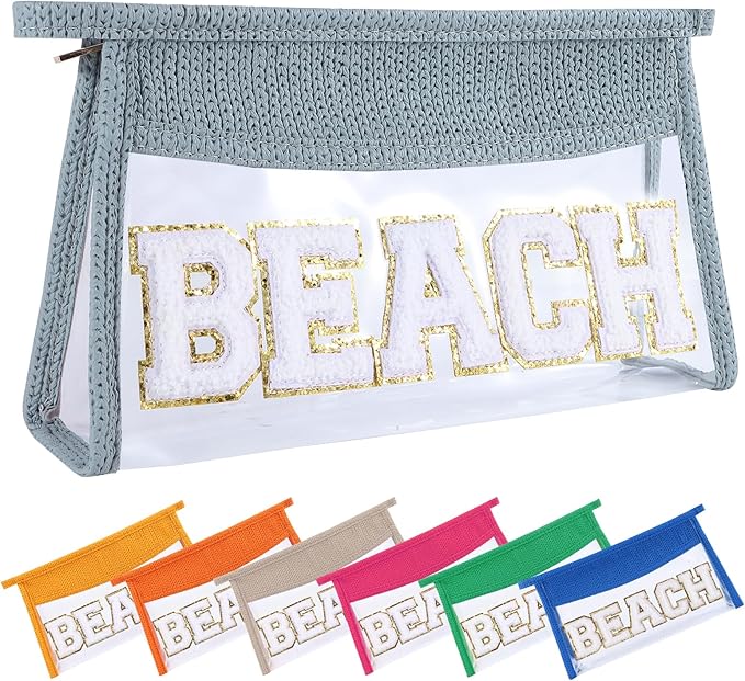 Beach Pouch Sunscreen Clear Makeup Bag Chenille Letter Beach Cosmetic Pouch Summer Essential Cute Toiletry Pouch Travel Accessories Gifts for Women