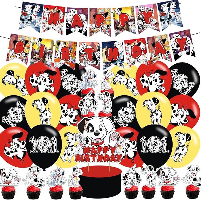 101 Dogs Birthday Party Supplies: Cake Caps, Cupcake Caps, Flags, Latex Balloons - Red, Black, White - Dog Themed - Includes 12 Cupcake Toppers, 1 Big Cake Topper, Banner, 18" Balloons
