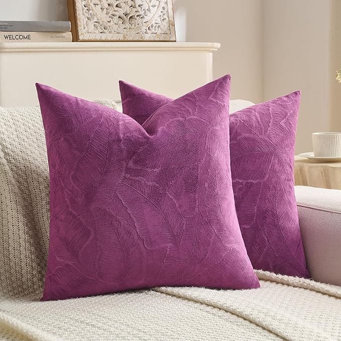 FUTEI Purple Velvet Throw Pillow Covers 26x26 Inch Set of 2,Soft Embossed Leaf-Relief Textured Euro Pillow Shams,Natural Home Decor for Couch Living Room