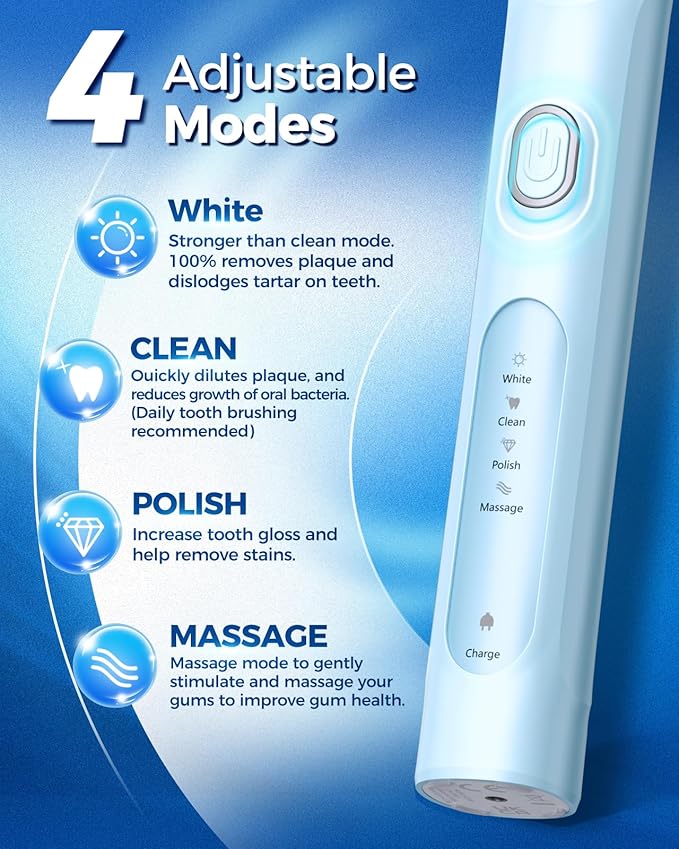 TEETHEORY Rotating Electric Toothbrush for Adults with 8 Brush Heads (2 Types), 4 Modes Deep Clean Electric Toothbrush with Rechargeable Power and 2 Min Smart Timer (7-SkyBlue, p1)