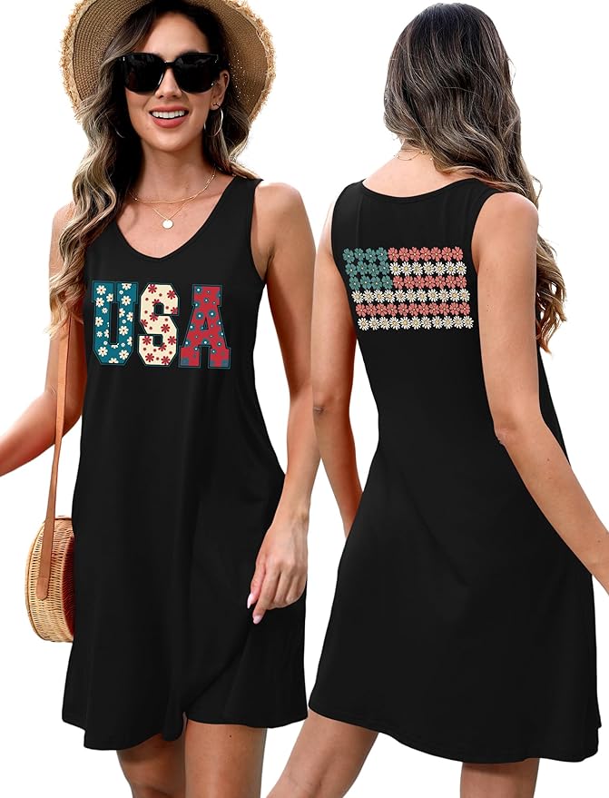 LHBNK 4th of July Dress for Women: American Flag Tank Dresses Star Striped Splicing Loose V Neck Sundresses