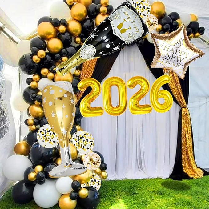 106 Pcs Gold Happy New Year Balloons, Huge Black Gold Champagne Bottle Goblet Aluminum Foil Balloons for New Years Eve Party Decorations Supplies Nye Decorations 2026