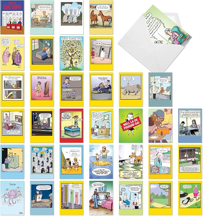 NobleWorks 36 Assorted Box Set Hysterical Everyday Mixed Occasions Greeting Cards w/ 5 x 7 Inch Envelopes for Men and Women (36 Designs, 1 Each) Fun Toons AC10047EXG-B1x36