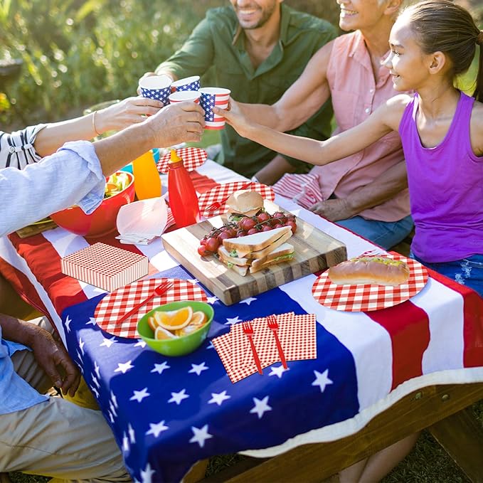 100 Pcs Red White Gingham Party Supplies Set, Serves 25 – Disposable Checkered Paper Plates, Napkins, and Forks, Classic Picnic Themed Tableware for BBQ, Outdoor, Birthday, Holiday Party Decorations