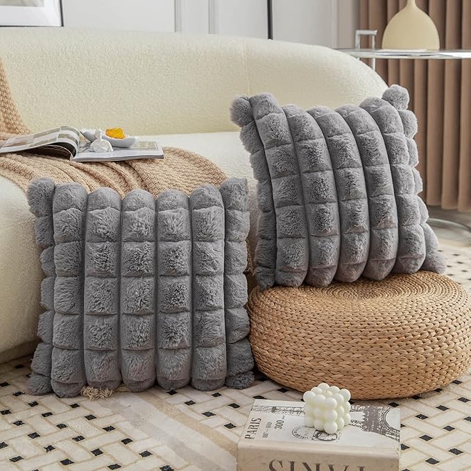 Neelvin Grey Faux Fur Cozy Soft Plaid Decorative Throw Pillow Covers 24x24 inch Set of 2,Velvet Pillowcase Cushion Case for Sofa Couch