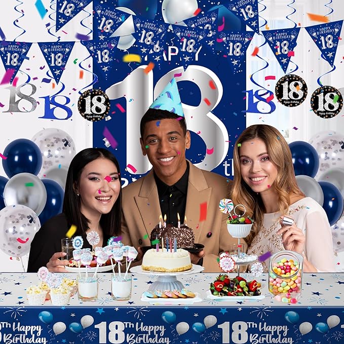 18th Birthday Decorations for Boys Girls, Blue Silver Happy 18th Birthday Decorations Set with 18th Birthday Backdrop Banner Tablecloth Balloons Triangle Flag, 18 Year Old Men Party Decor Supplies