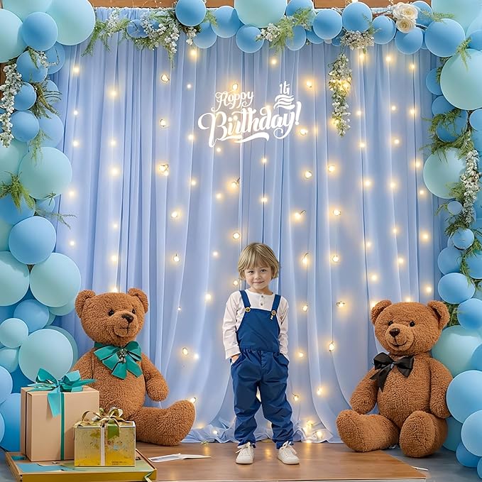 10ft x 7ft Baby Blue Chiffon Backdrop Curtain with Lights String for Parites Wedding Light Blue Curtain Photo Backdrop Drapes for Baby Shower Birthday Party Home Decorations